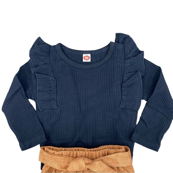 Black Ruffle Long Sleeve Top and Tan Corduroy Button Skirt Set Size 2 - Picture 4 of 11